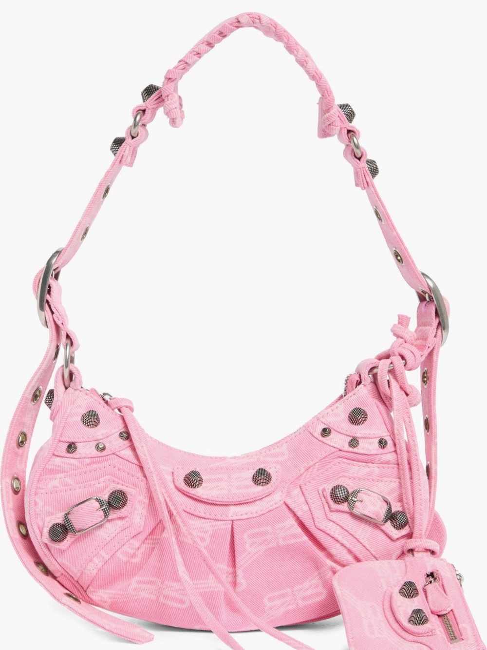 Balenciaga Pink Studded Denim Shoulder Bag with Braided Strap